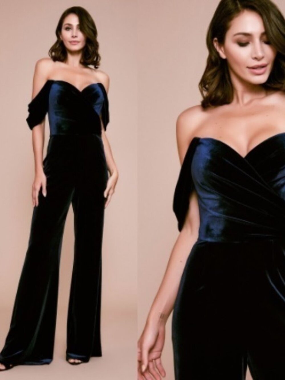 NWT Tadashi Shoji Neesha Strapless Off the Shoulder Velvet Jumpsuit Navy Size S
